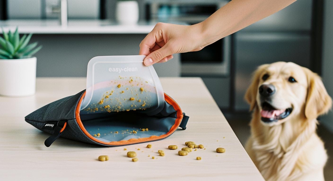 Dog treat pouch with smooth wipe-clean liner