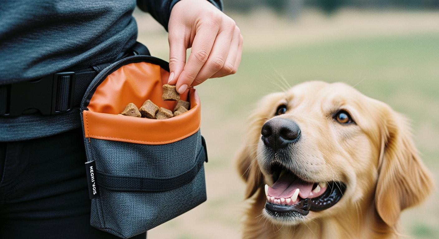 Dog treat pouch clipped to a trainer waistband during an outdoor session
