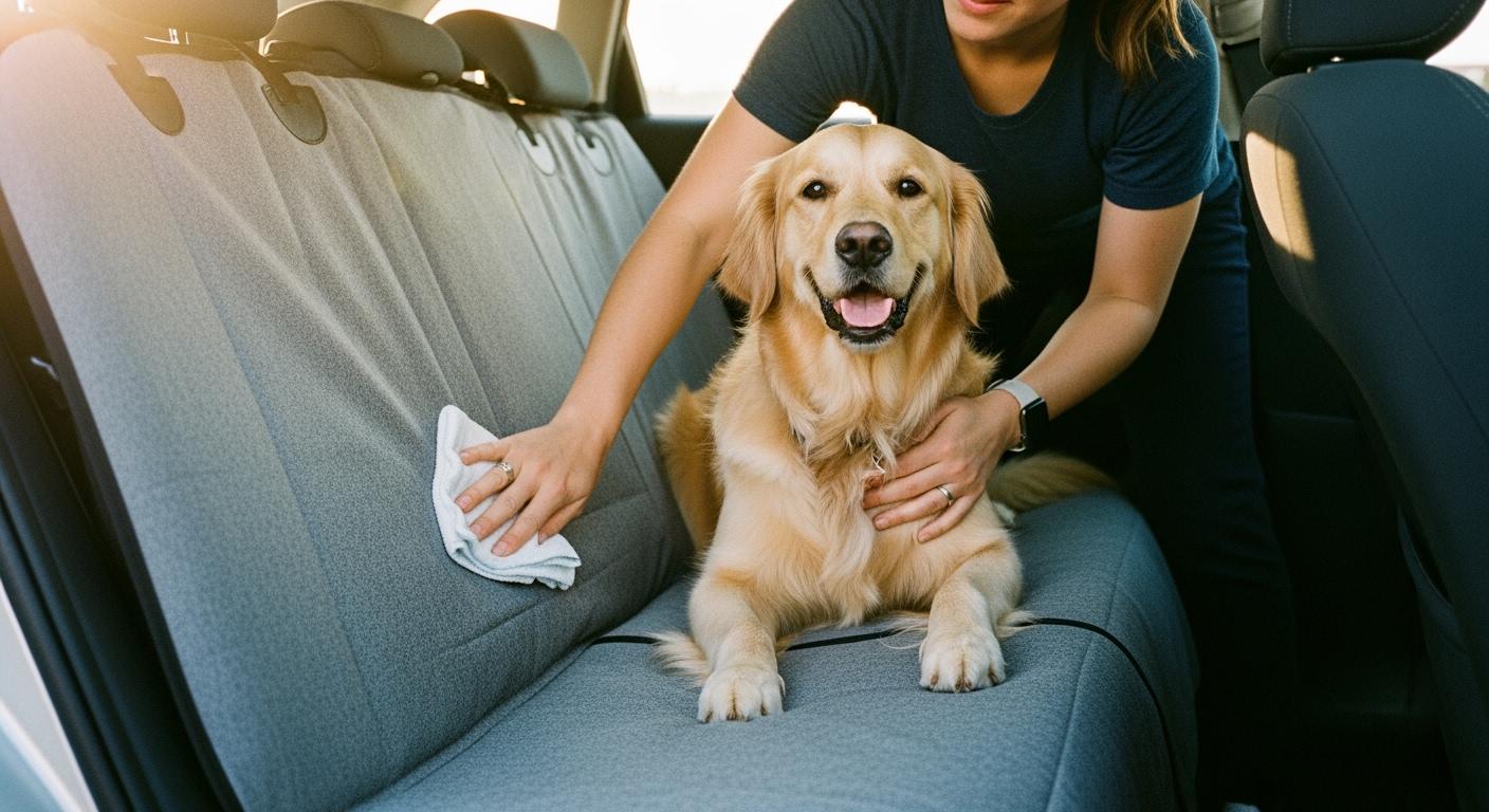 Dog sitting in back seat with car seat cover installed