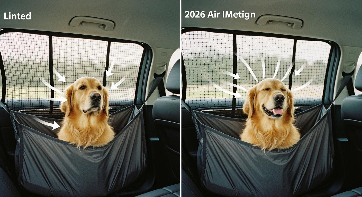 Dog in back seat behind a car hammock with mesh window for airflow