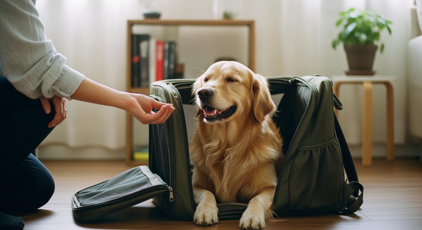 Dog next to a side-entry backpack carrier with mesh panel open