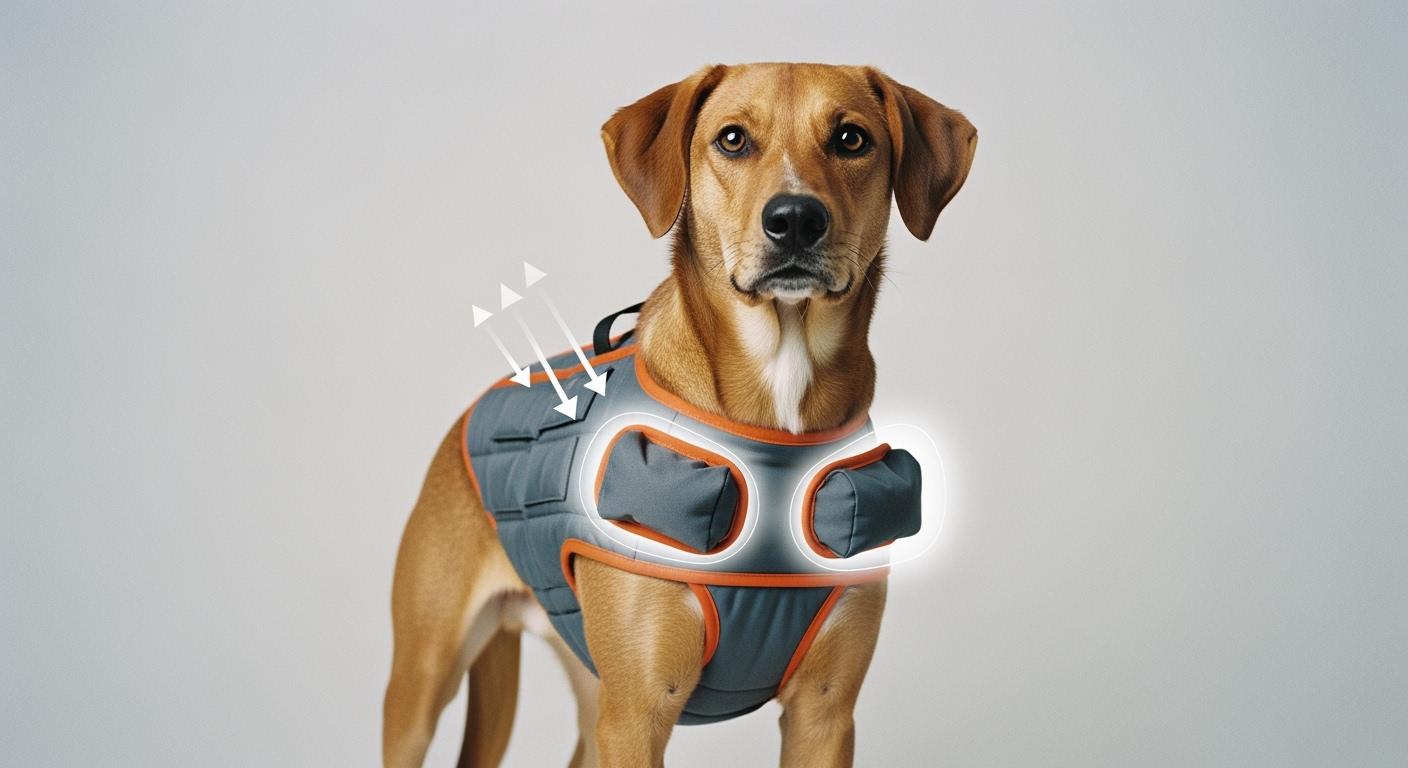 Weighted vest centered on a standing dog before movement test