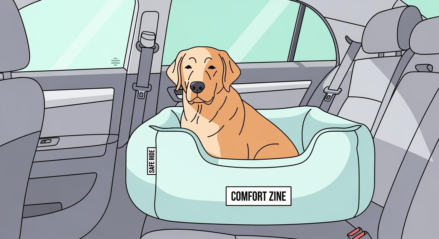 Large dog sitting in a back seat car seat bed