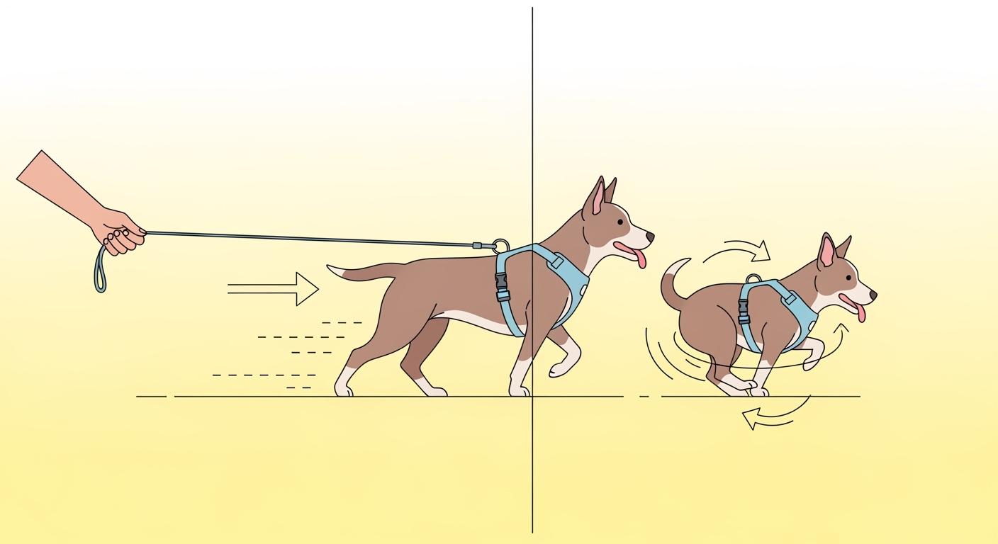 Dog wearing a front-clip harness on a walk