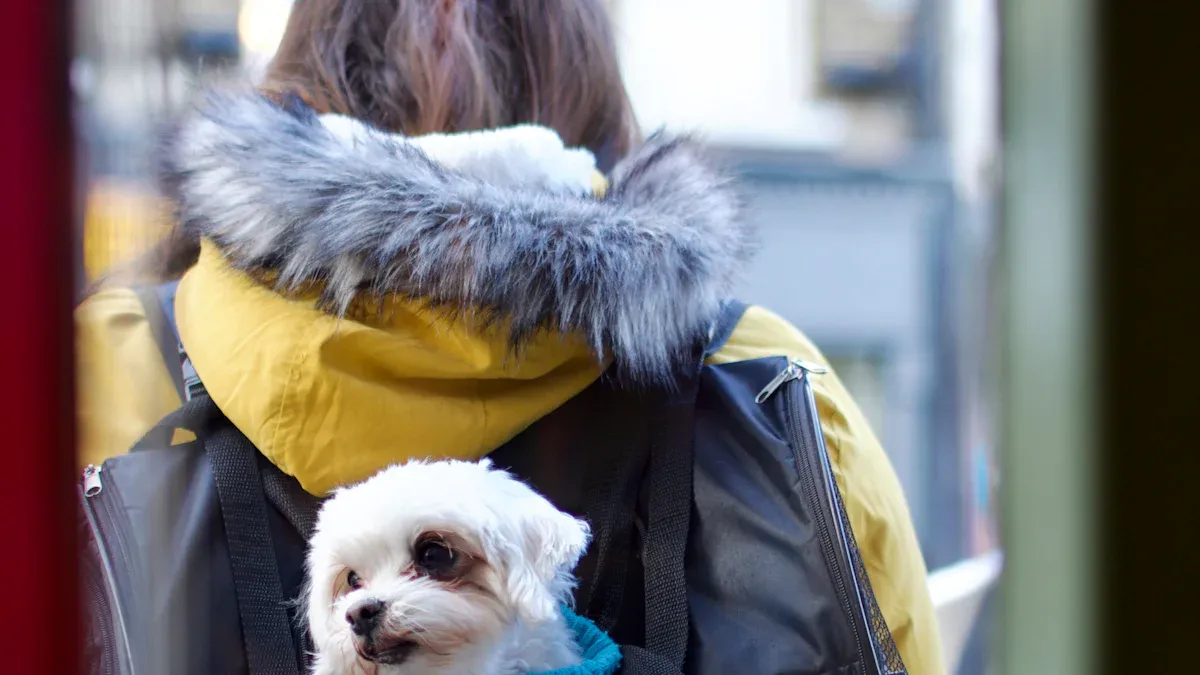 dog backpack with wide padded belly strap and smooth edge binding
