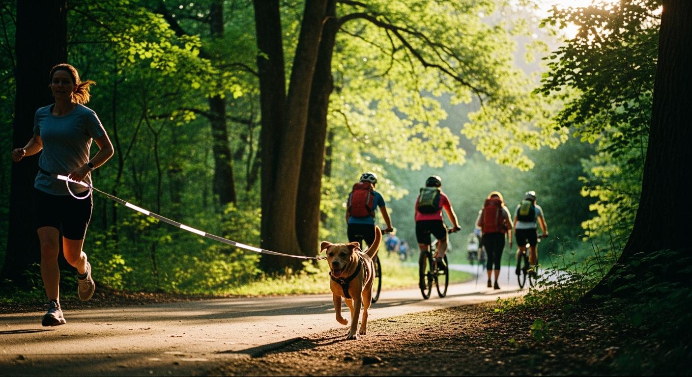 Reflective dog leash side visibility on trail