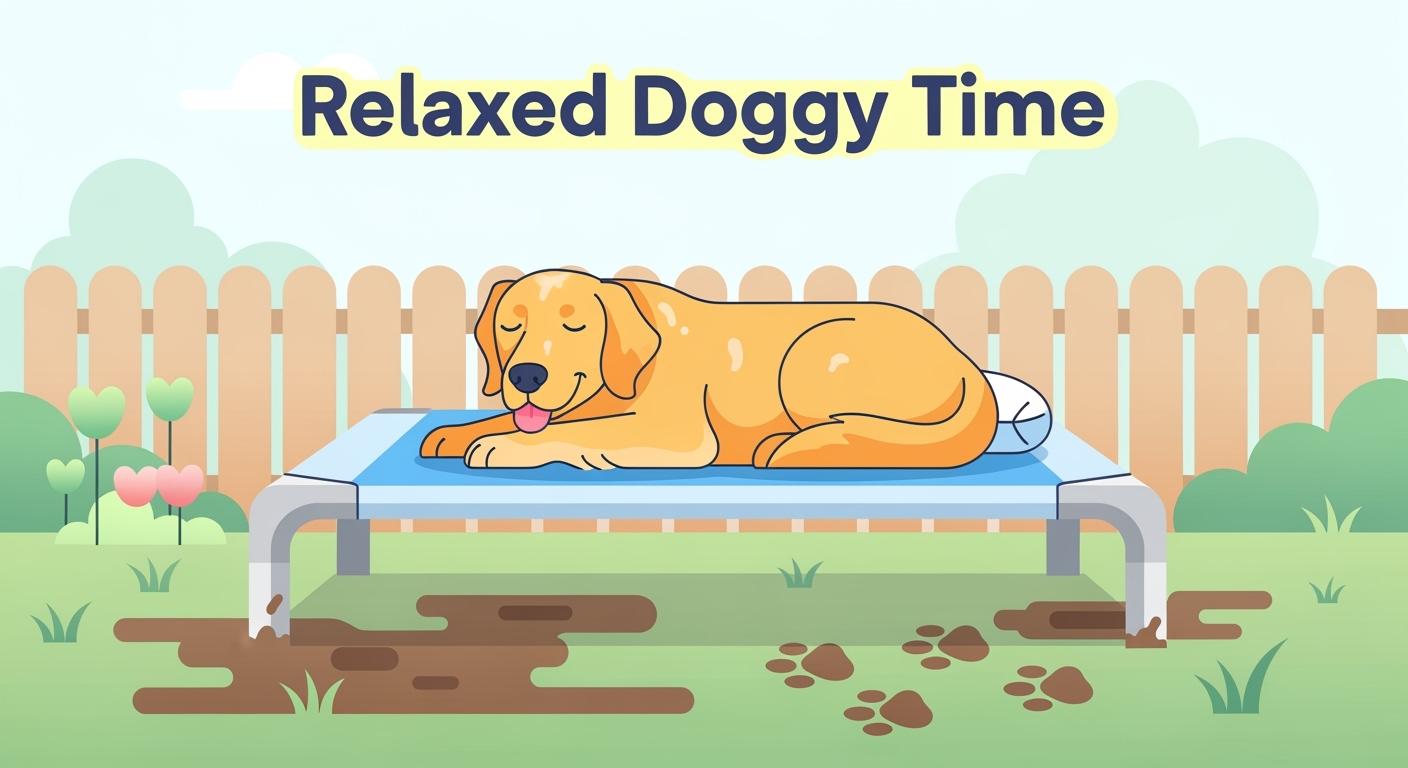 Elevated dog cot bed on outdoor patio