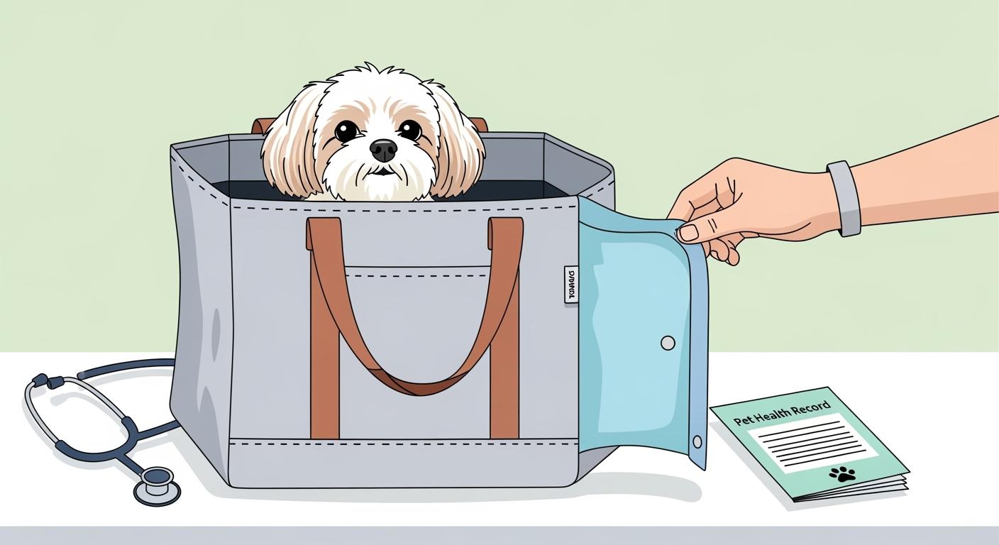 Small dog sitting inside a tote bag carrier with mesh ventilation panels