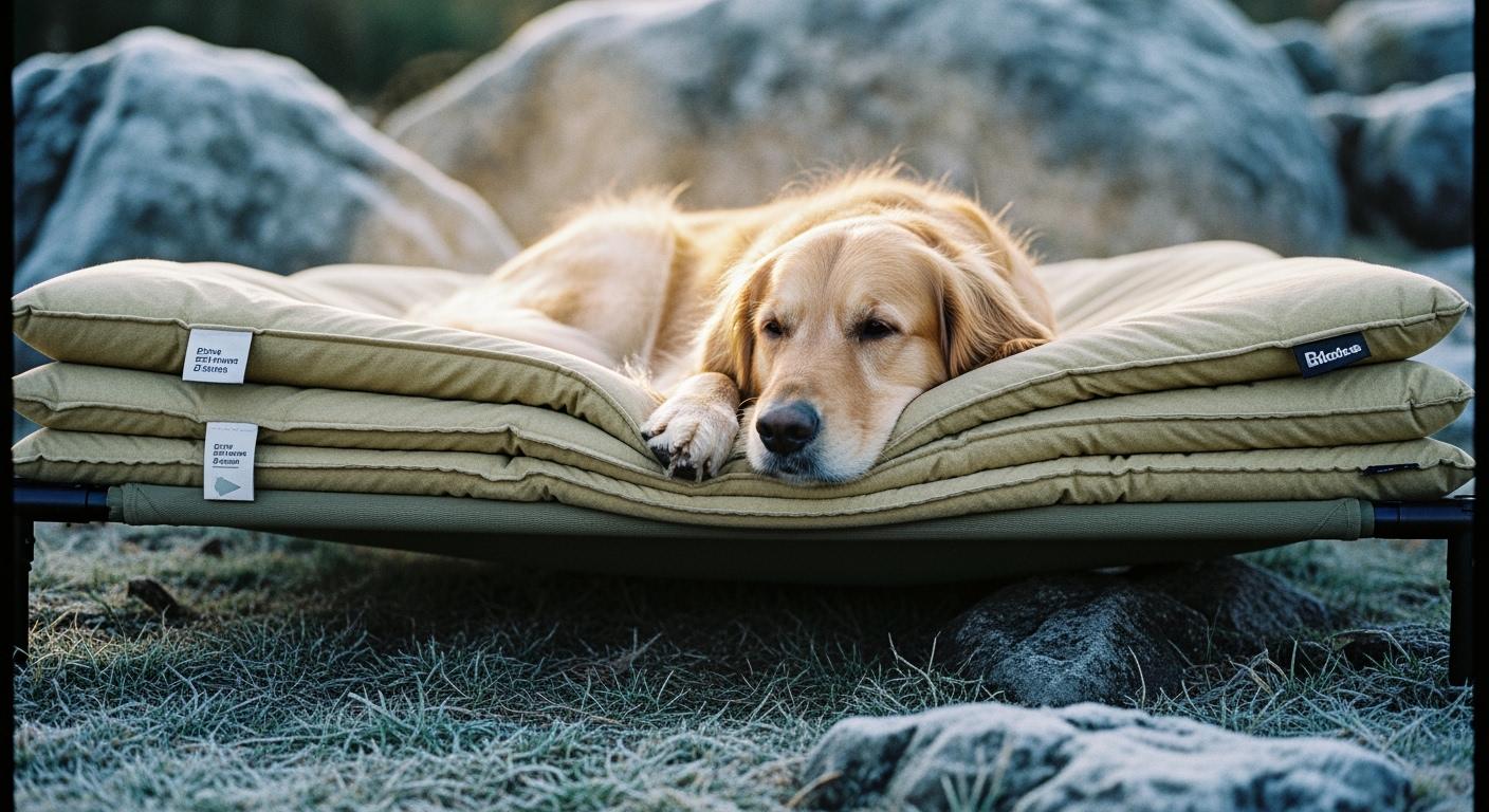 Dog resting on a camping bed outdoors