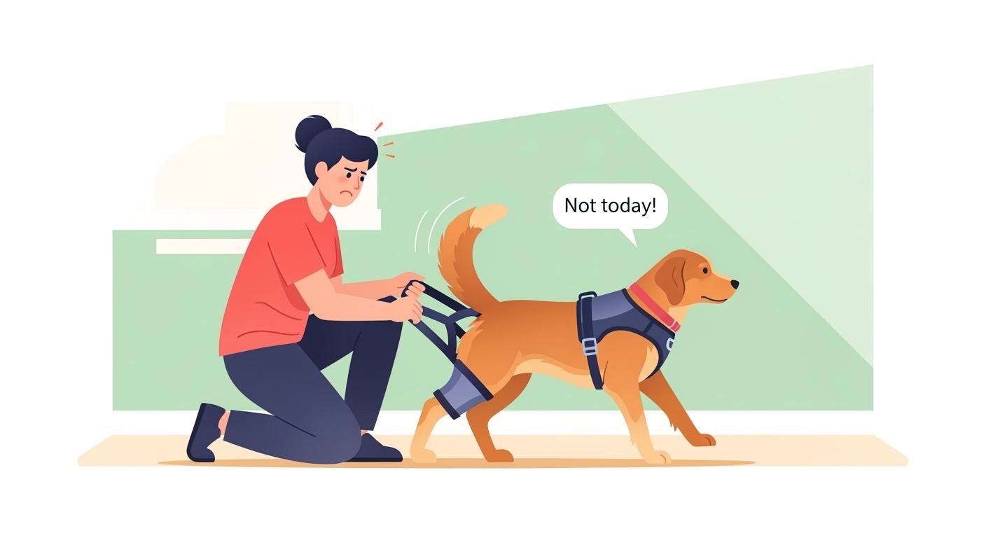 Dog wearing a step-in harness walking calmly on a leash beside its owner