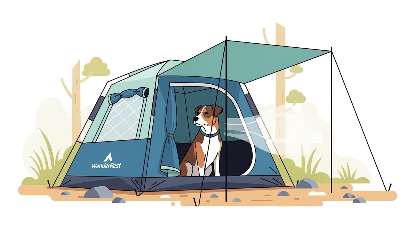 Dog resting in a shaded foldable pet tent during camping