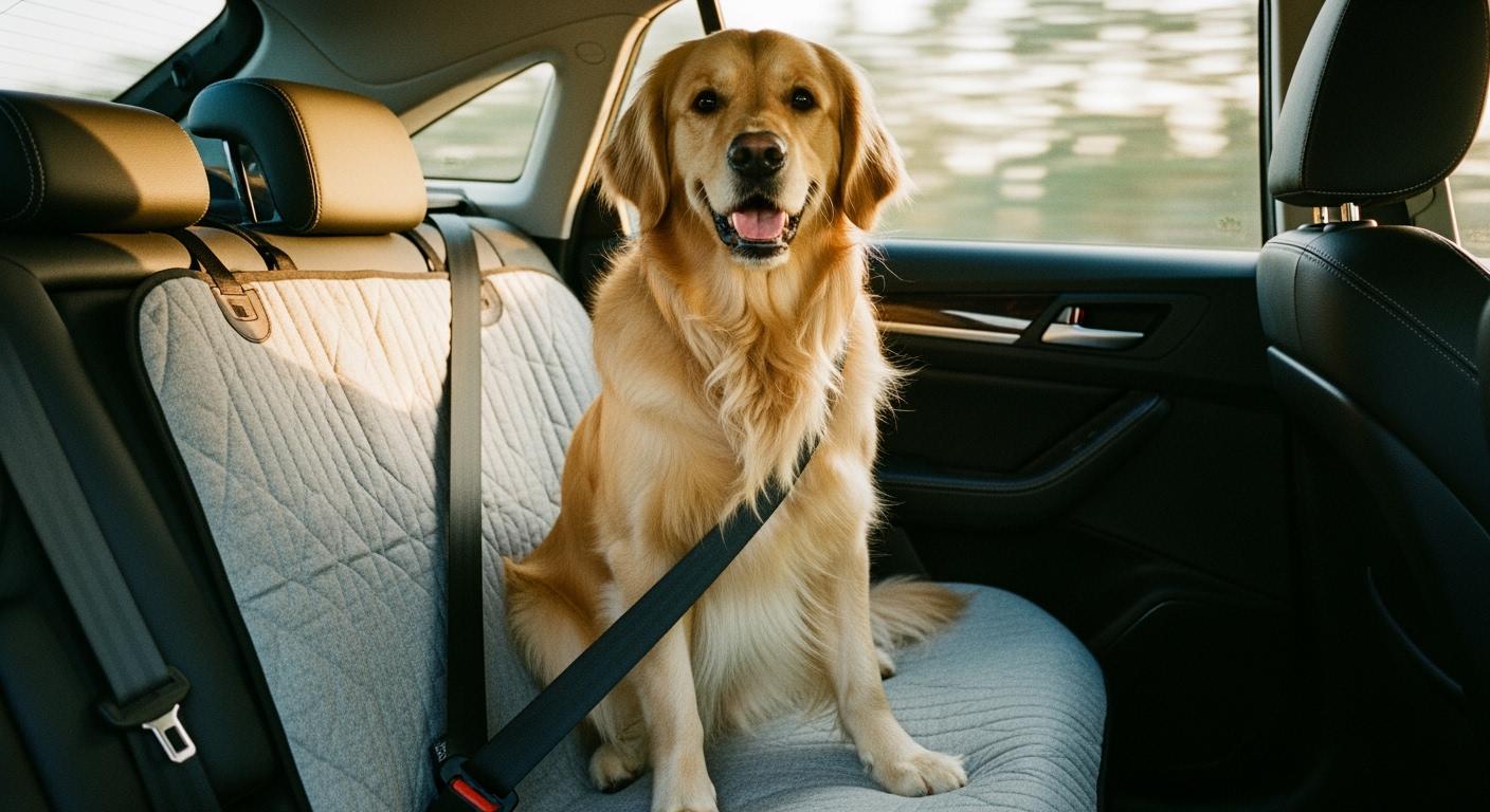Dog on a car seat cover during a turn showing paw position