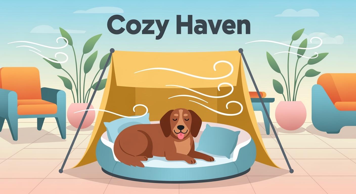 Dog resting on elevated canopy bed on a patio
