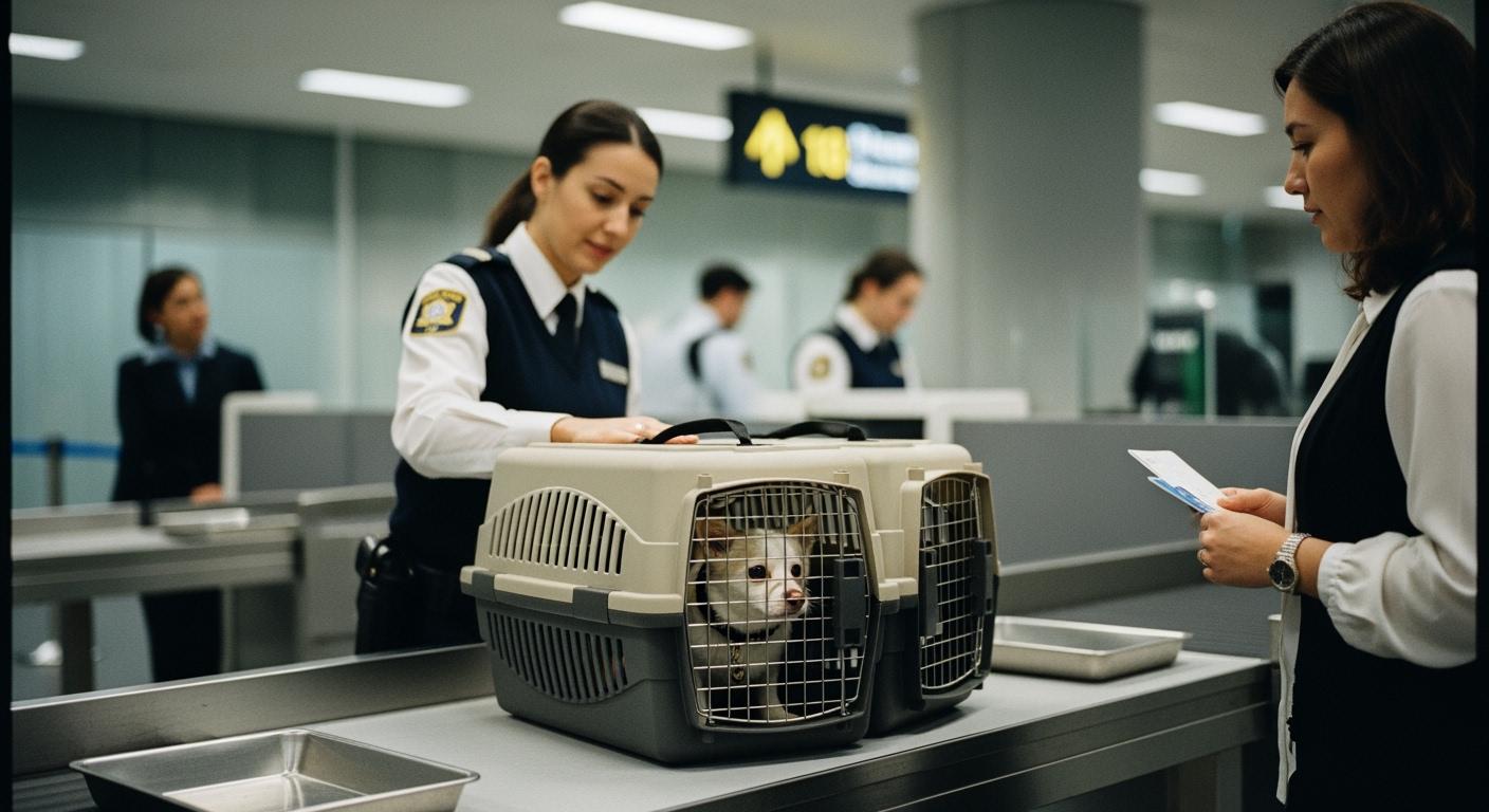 Single-entry pet carrier with blocked access during airport check-in