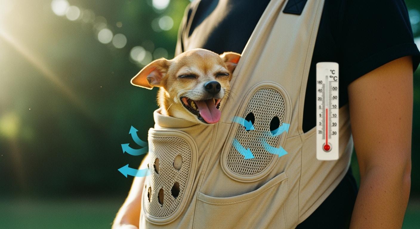 Small dog resting in a mesh-sided pet sling carrier