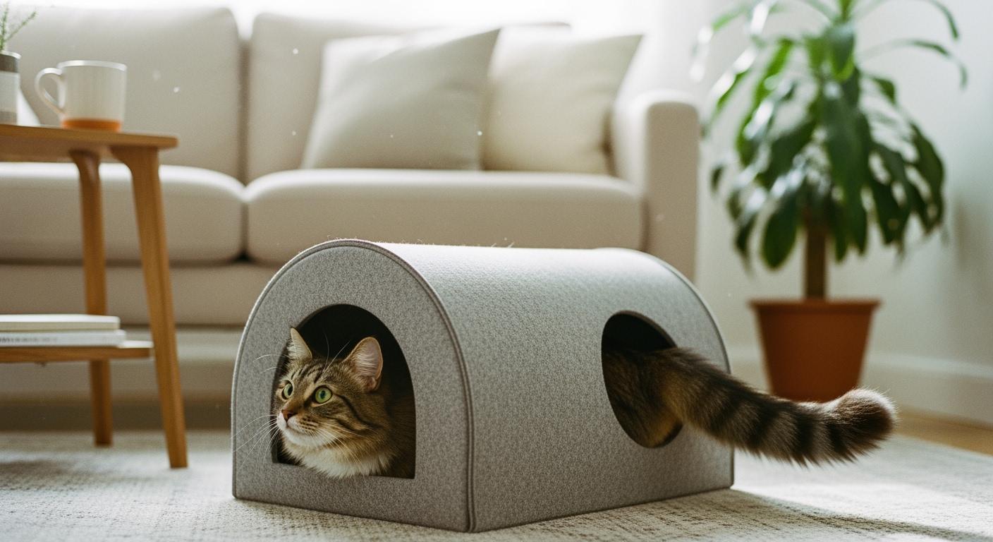 Cat in a two-entrance tunnel cave bed