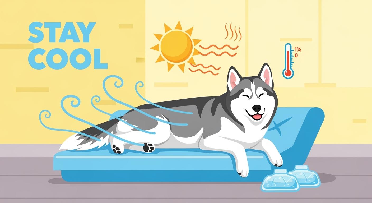 Husky resting on elevated mesh cooling bed