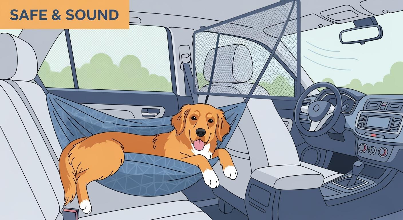 Dog resting in a car hammock with mesh window upright for airflow