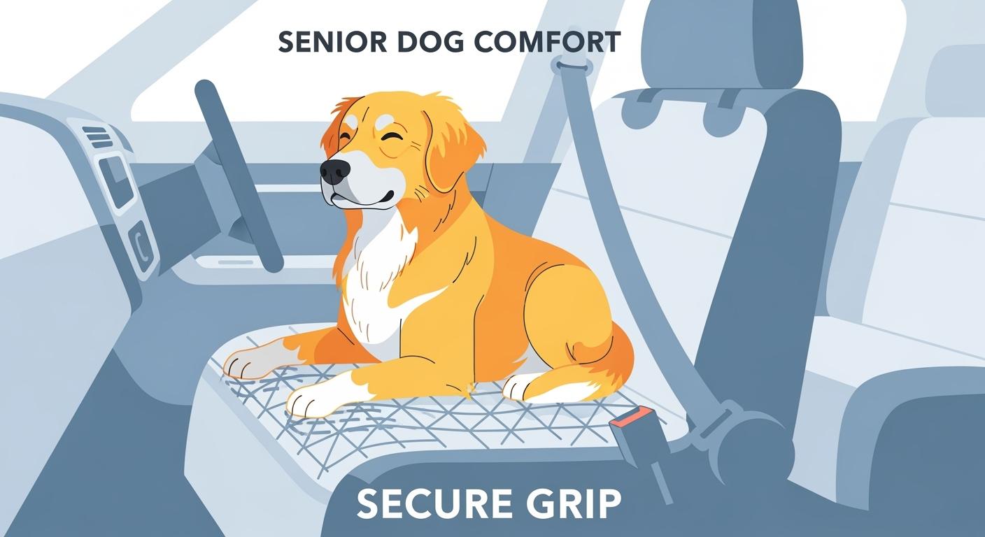 Senior dog on textured car seat cover with stable footing