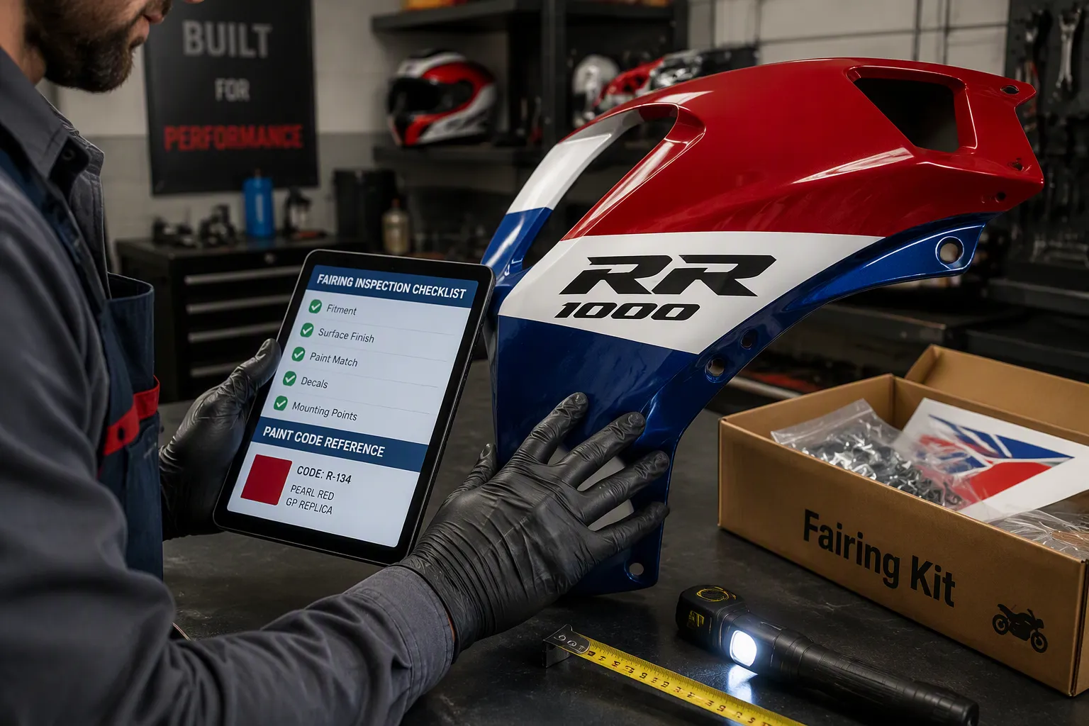 Inspecting a red, white and blue motorcycle fairing panel before ordering
