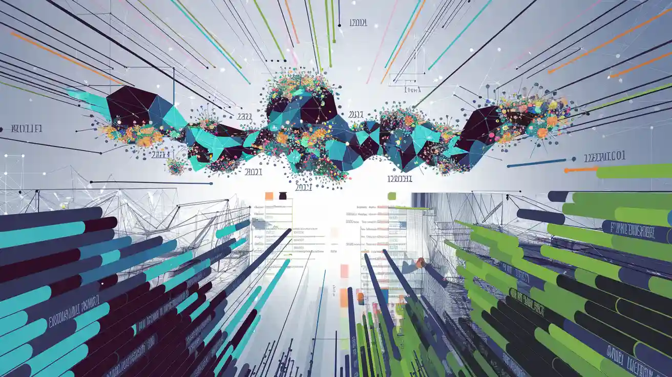 Abstrakte Visualisierung eines Vektorraums mit Datenströmen und Clustern