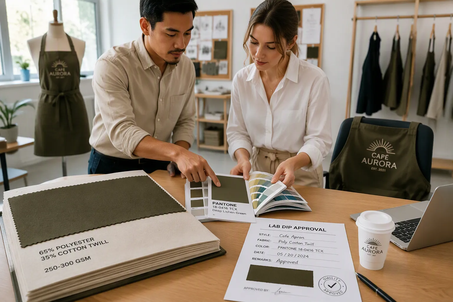 Cafe uniform garment options including aprons polos caps and waistcoats