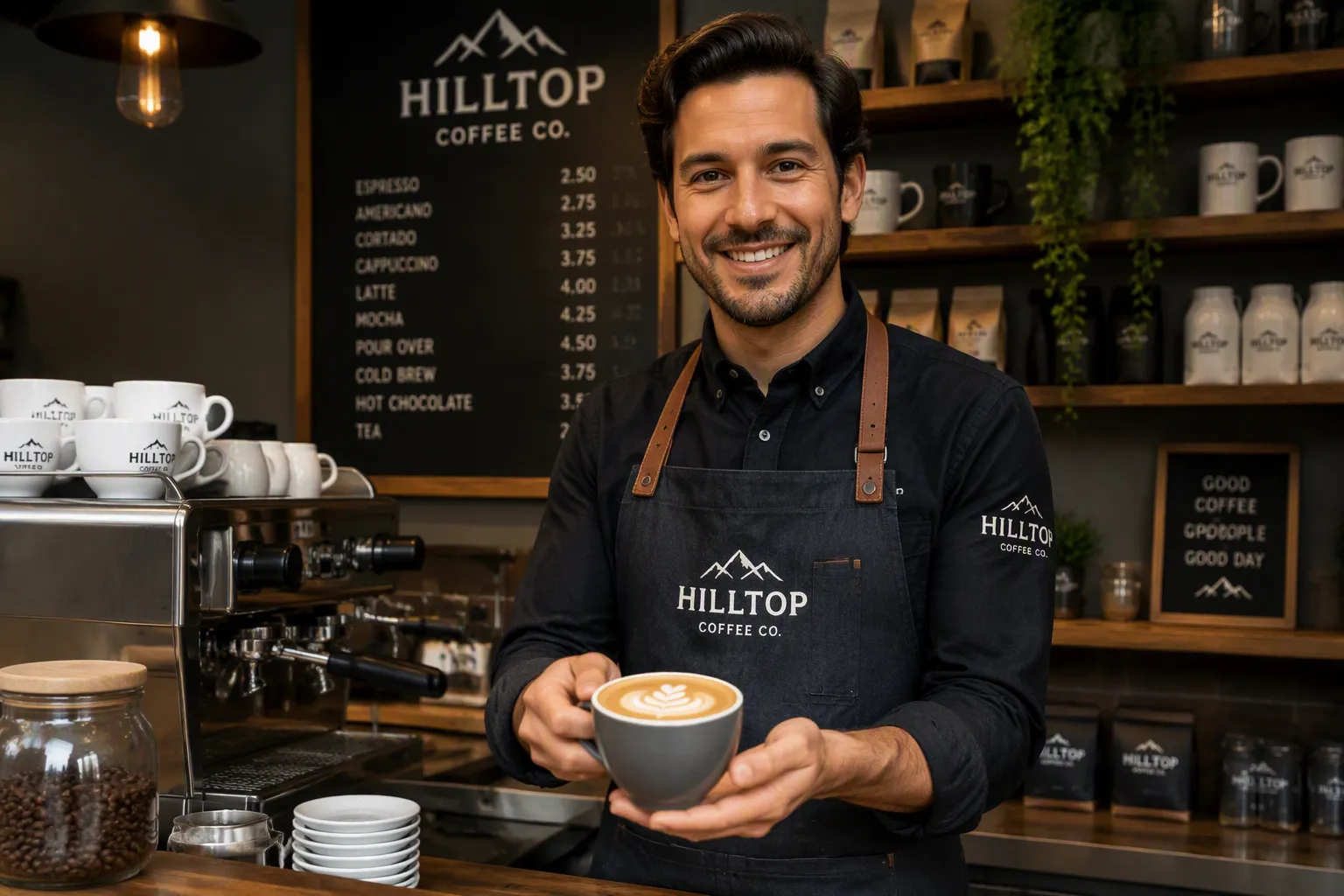Cafe barista in a branded apron preparing espresso at a cafe counter