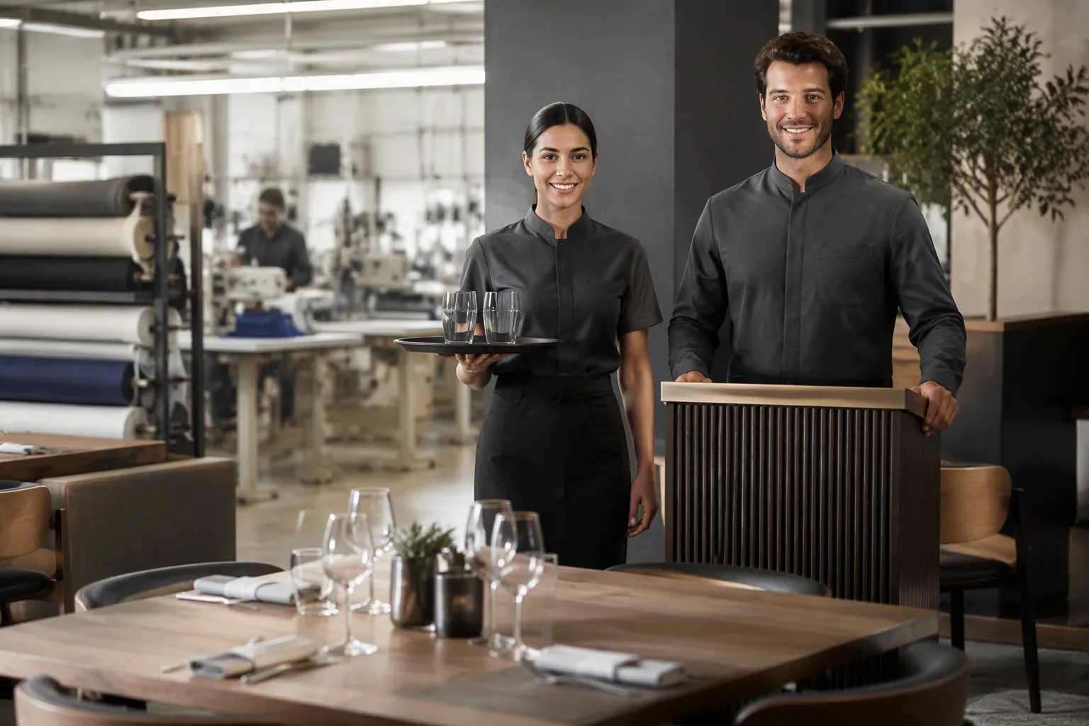 Coordinated restaurant waitstaff and host uniforms for OEM programs in a commercial dining room