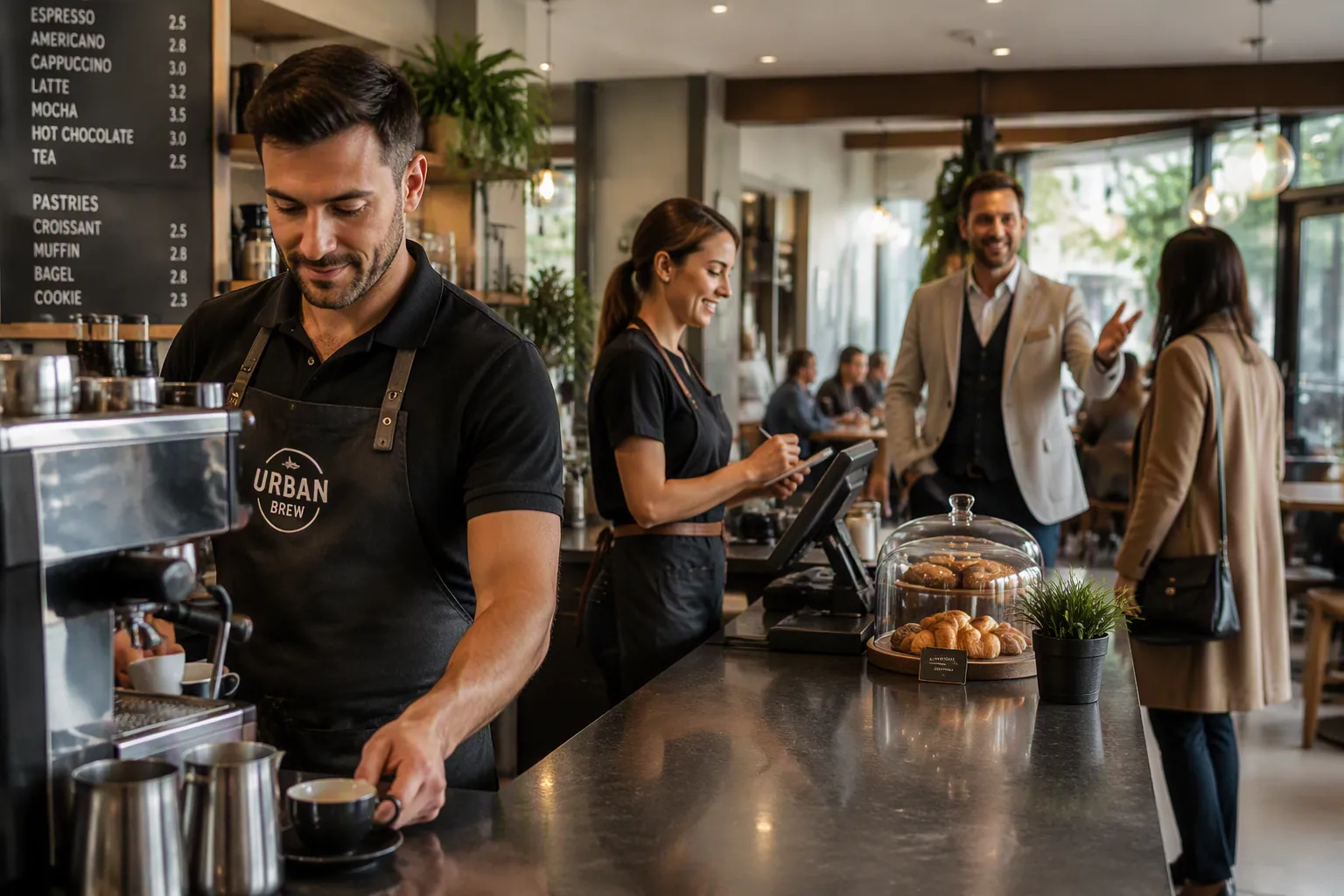 Barista wearing a branded apron and polo while preparing espresso