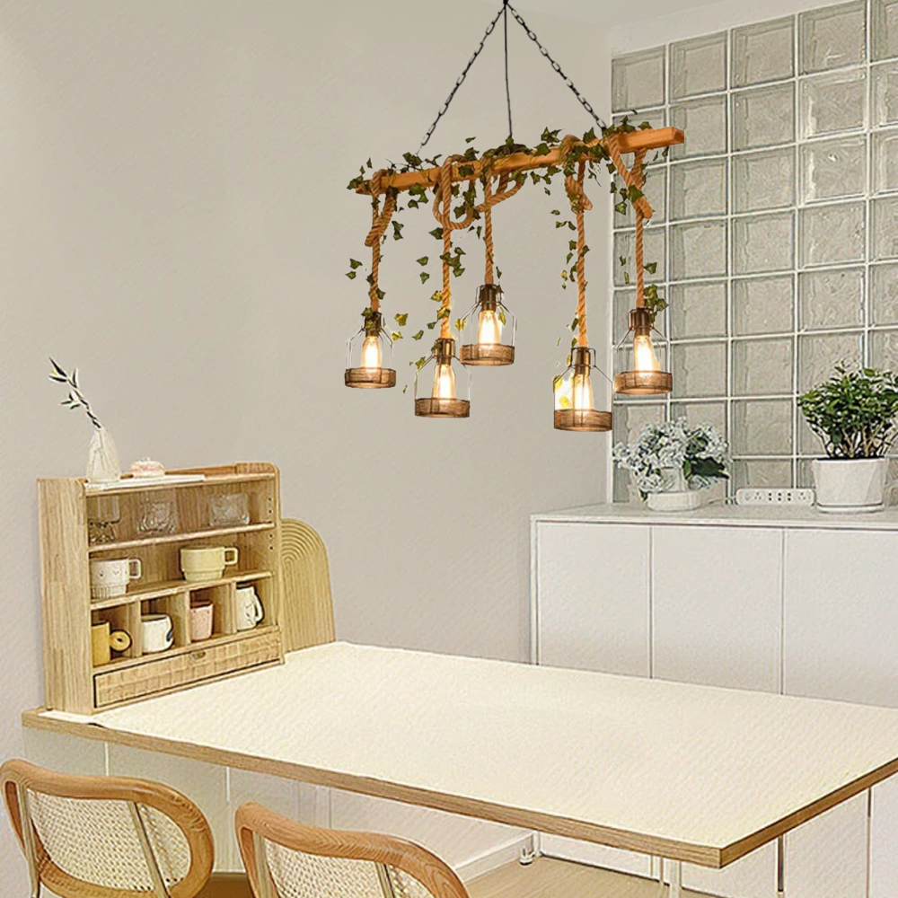Farmhouse Modern Wood Plant Pendant Light Dining Room, 3/5 Heads