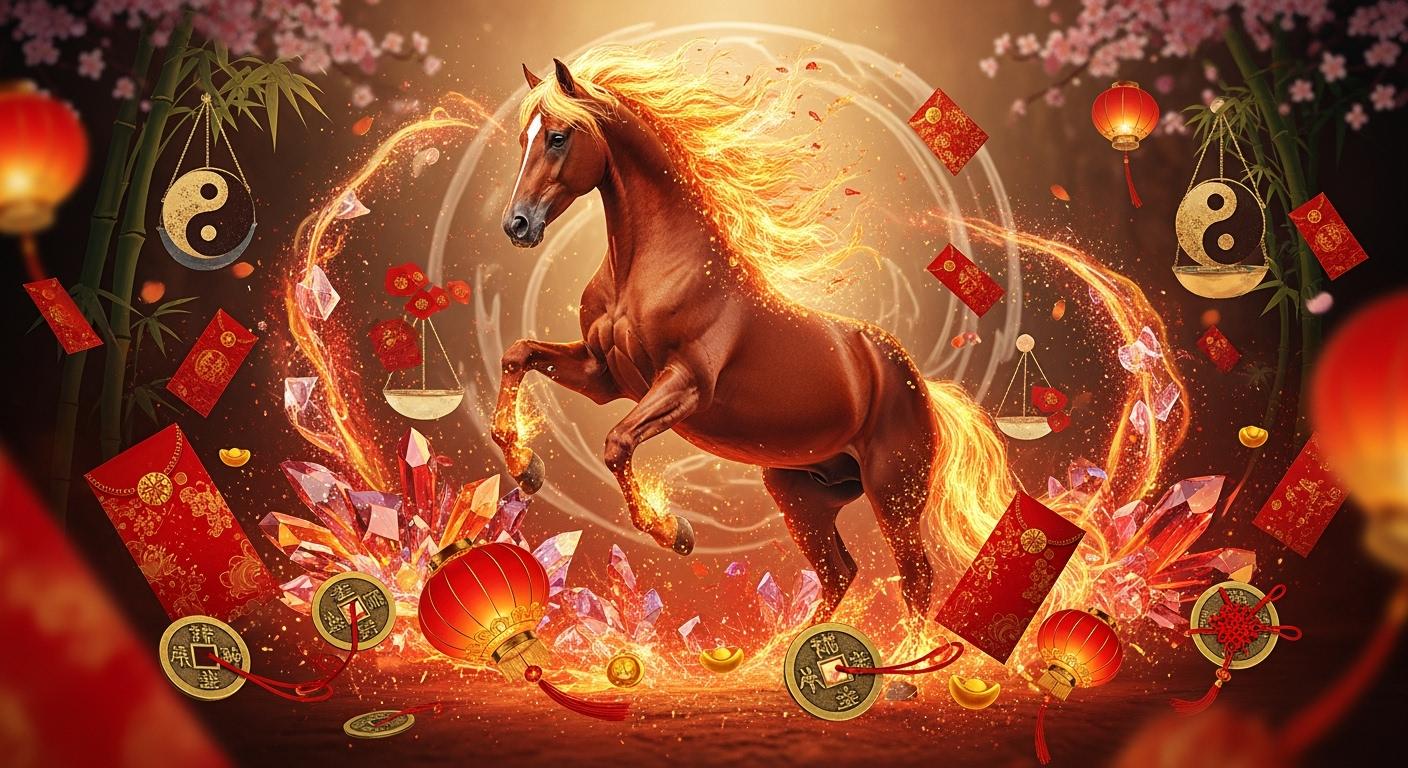 2026 Chinese zodiac Year of the Fire Horse with blessings, crystal guidance, and cultural rituals for luck, balance, and prosperity.