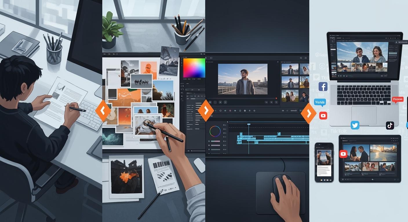 Video ads auto-published: Brief → Visuals → Clips → Multichannel Posting