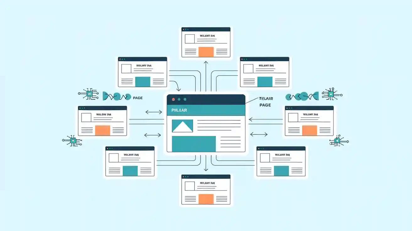 Topic Cluster Structure: Pillar Page with Cluster Pages and AI motifs