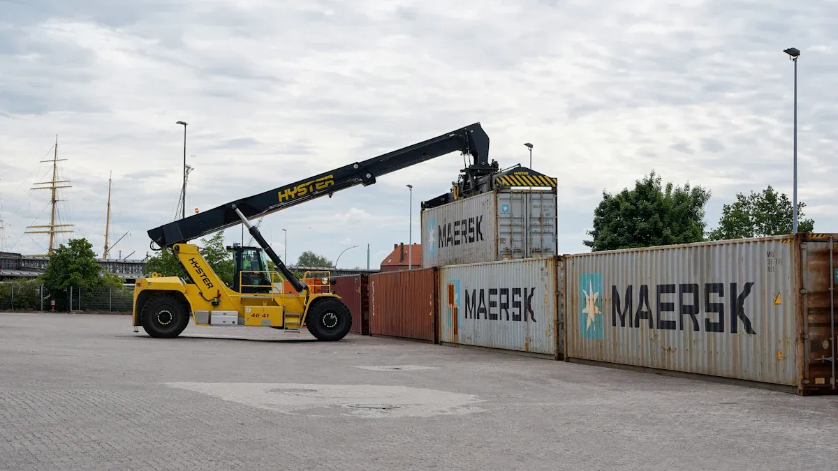 Reach Stacker forklift: sway control in high stack