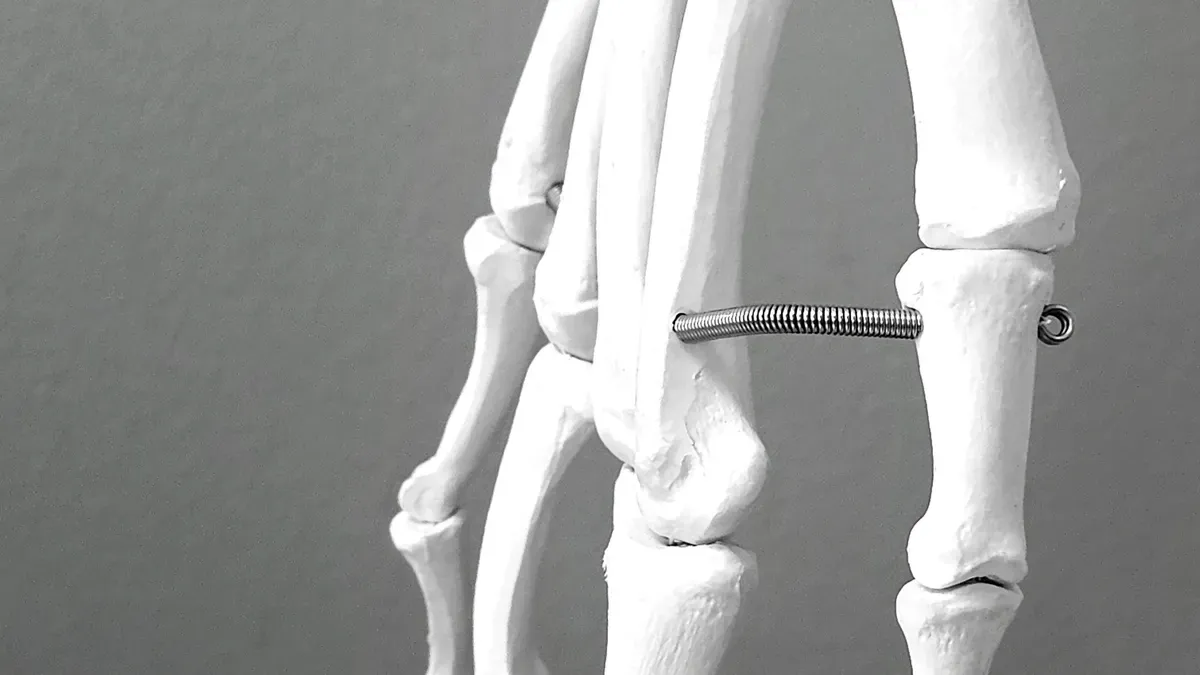 Close-up of a canine stifle brace hinge mechanism aligned with the knee joint