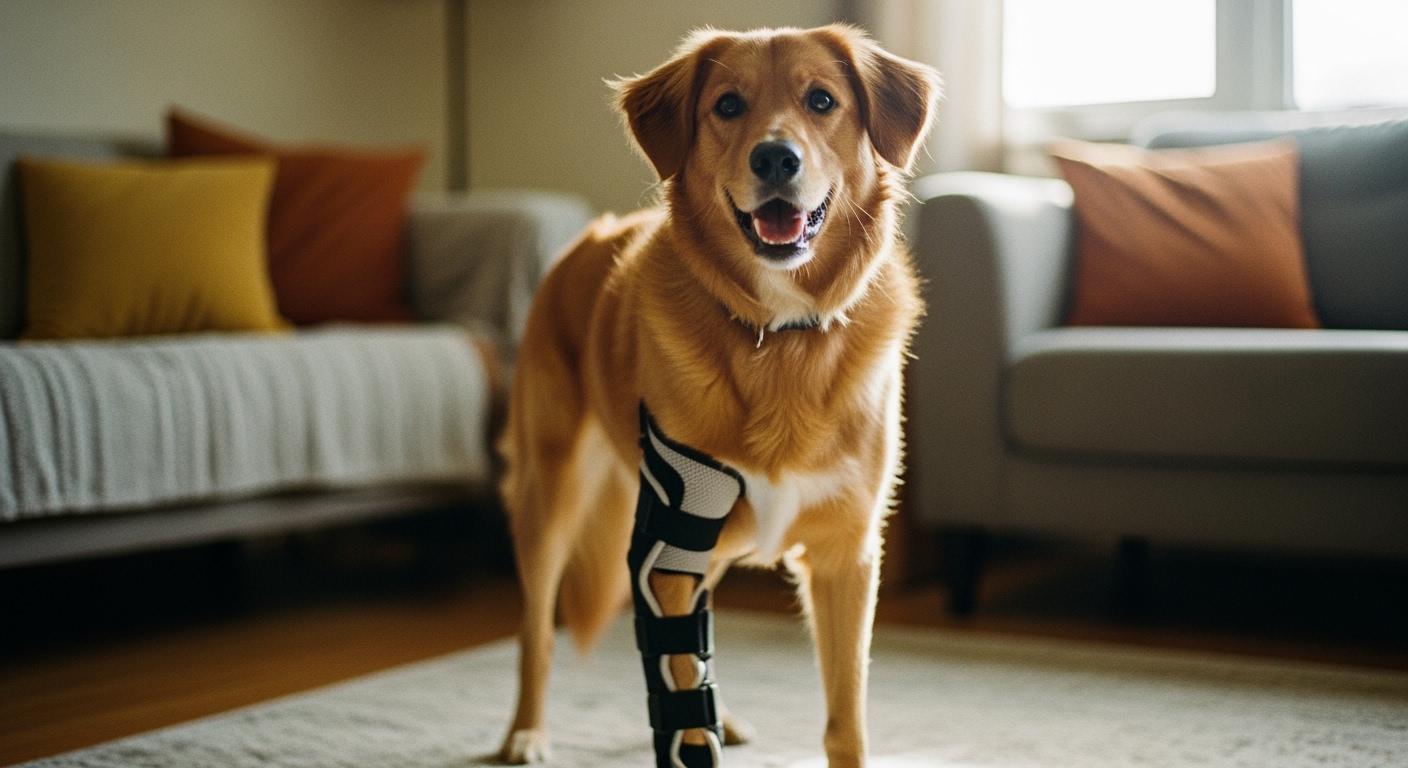 Dog wearing a front leg brace with adjustable straps during daily activity