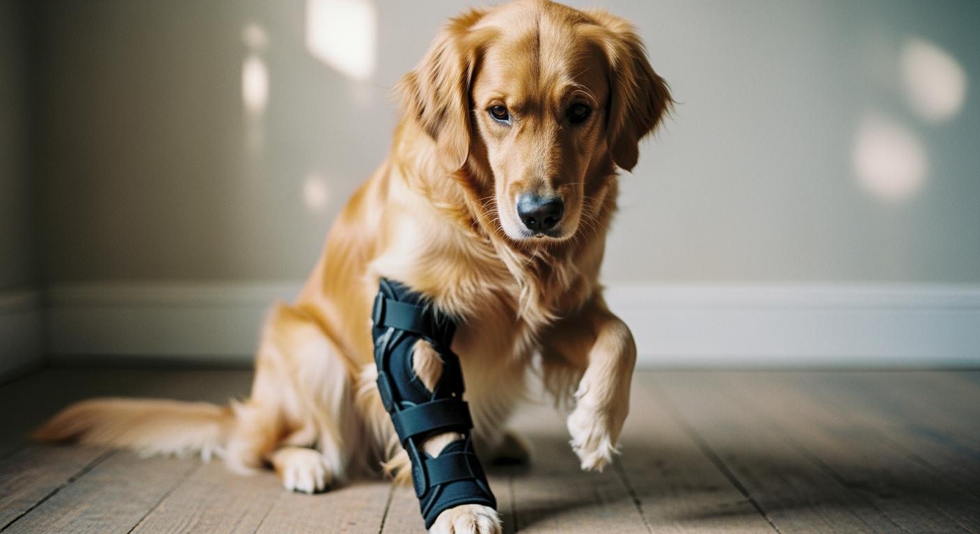 Dog wearing a knee brace with strap adjustments visible for luxating patella fit check