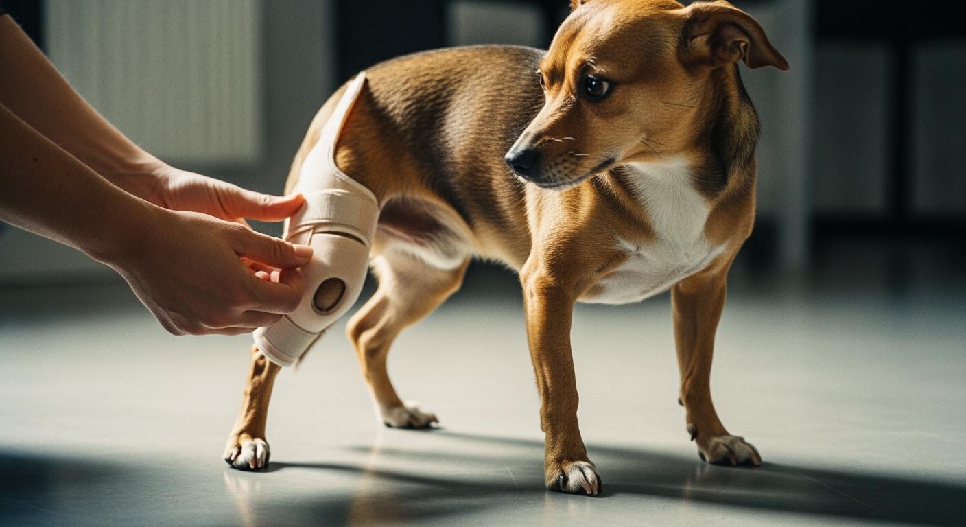 Small dog wearing a knee brace during a supervised short walk on a leash