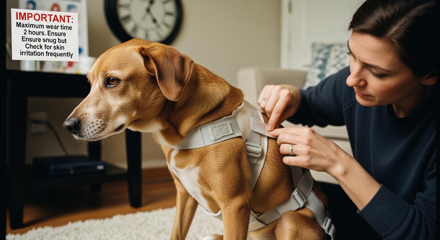 Dog wearing a fitted back brace during a short supervised leash walk
