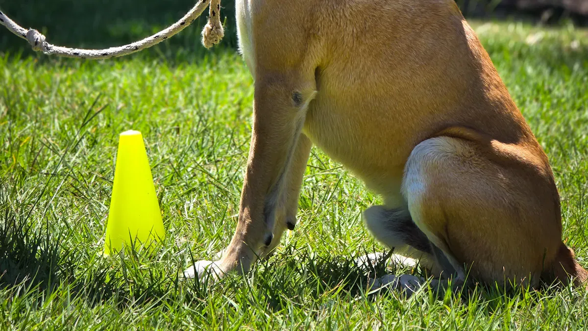 Owner checking a dog hind-leg sleeve fit and skin after supervised wear