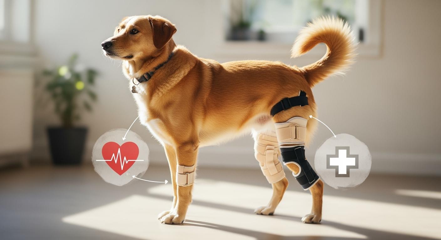Dog wearing a single knee brace for ACL support during recovery