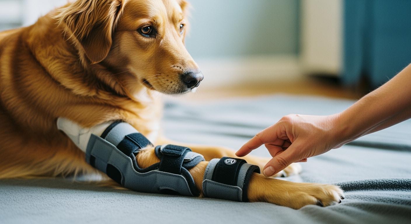 Dog wearing a knee brace for torn ACL support