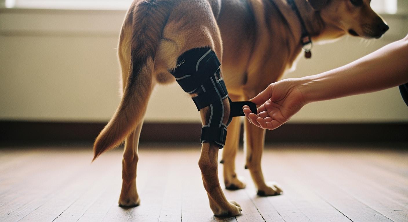Dog hind leg brace showing hinge alignment and strap placement on rear leg