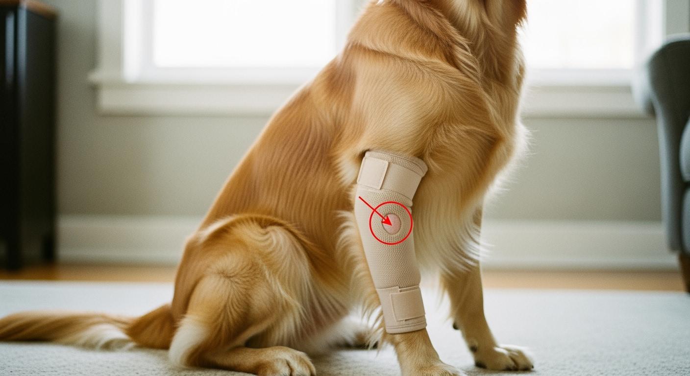 Dog wearing a hind-leg lick sleeve for wound protection