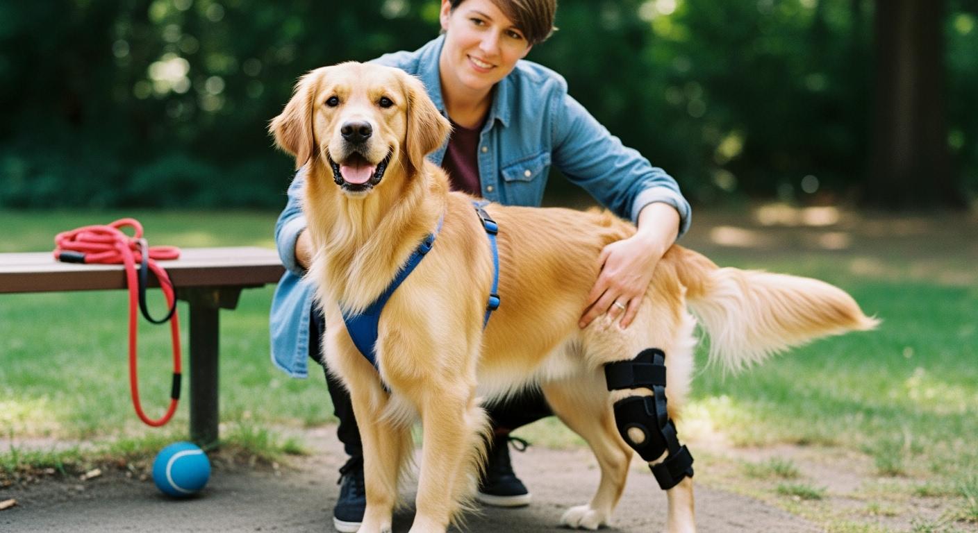Dog wearing a custom CCL knee brace during a leash walk