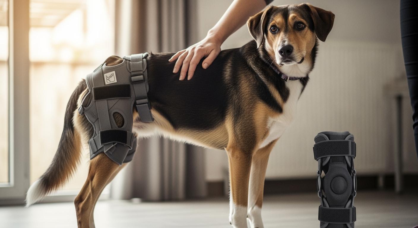 Dog with hip dysplasia standing while wearing a supportive hip brace