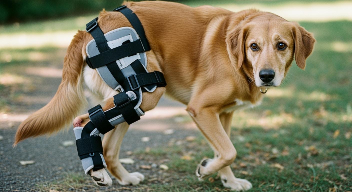 Dog wearing a back leg brace for arthritis support while standing on a walk