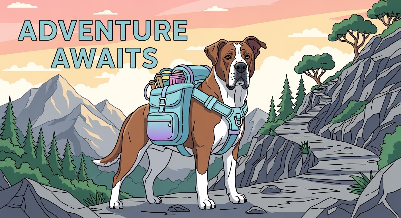 Large dog wearing hiking gear on a trail