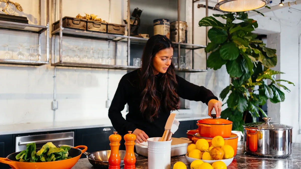 A woman cooking in the kitchen