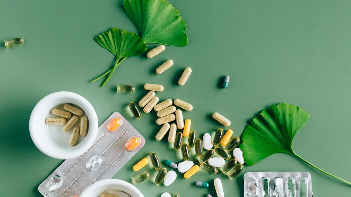 A pile of capsules lies on a green table